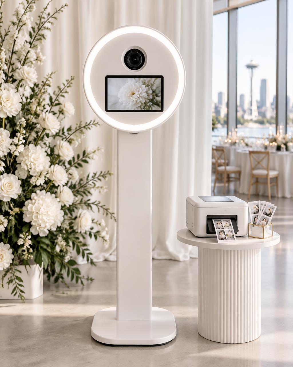 White premium DSLR photo booth and print station in an elegant Seattle venue